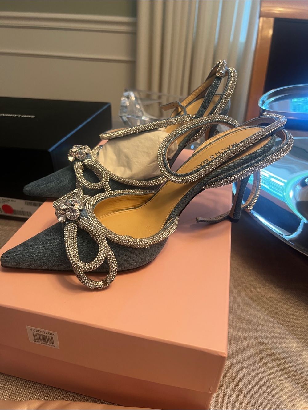 MACH & MACH Denim Blue Crystal-Embellished Slingback Pumps